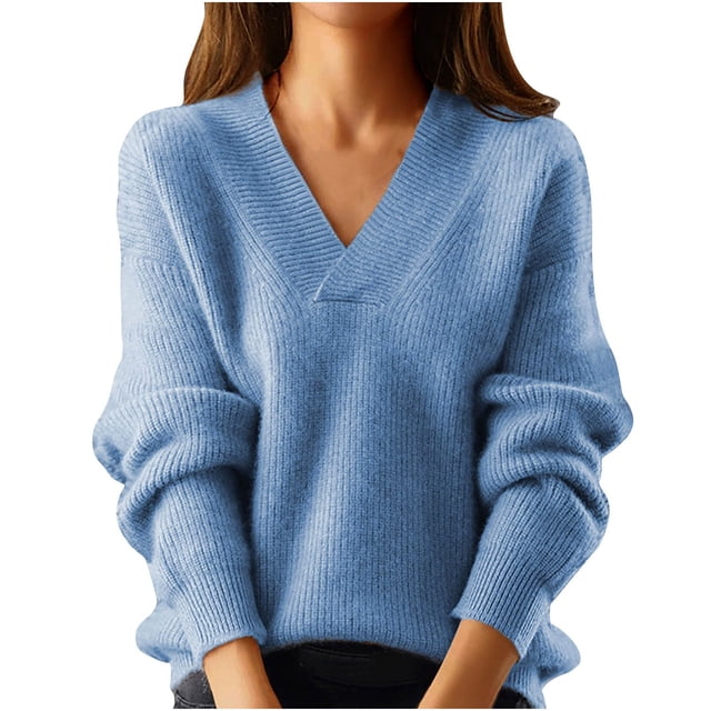 Timegard Womens Tops Long Sleeve V-Neck Knit Comfy Pullover Sweater Fall Winter Casual Loose Warm Tops