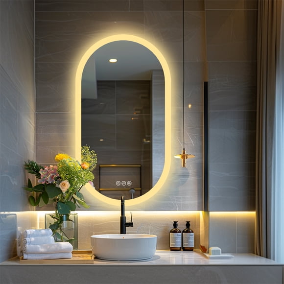 LUVODI Oval LED Bathroom Mirror: 600x1200mm Wall Lighted Vanity Mirror with Anti-fog 3 Colors Dimmable Lighting Smart Switch Memory Function Plug-in Makeup Mirror, Vertical or Horizontal