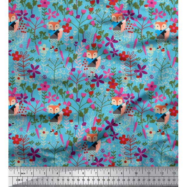 Soimoi Modal Satin Fabric Fox,Leaves & Floral Clip Art Printed Craft Fabric by the Yard 42 Inch Wide