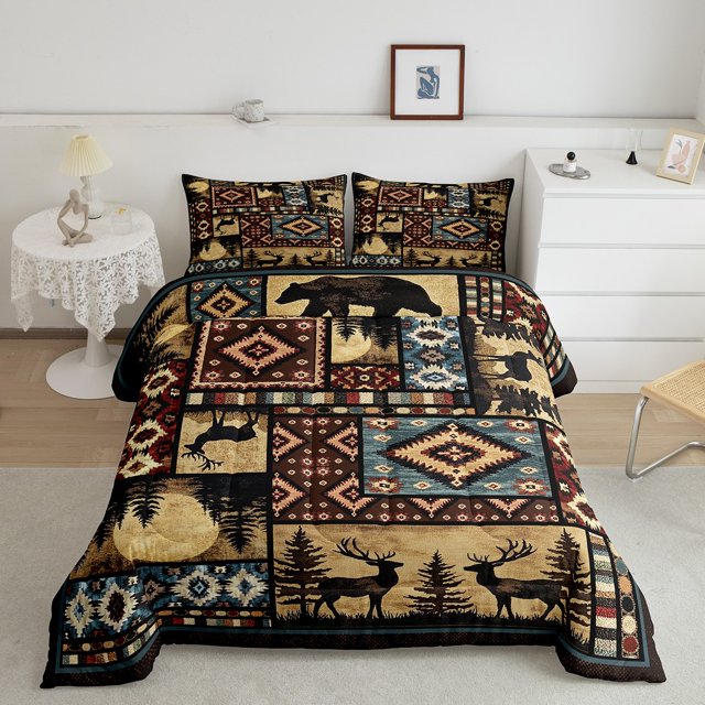 Erosebridal Ensembles de Literie Rustiques Aztèques Double avec Couette, Insert de Couette Animal Cerf, Décor Géométrique Tribal, Réversible