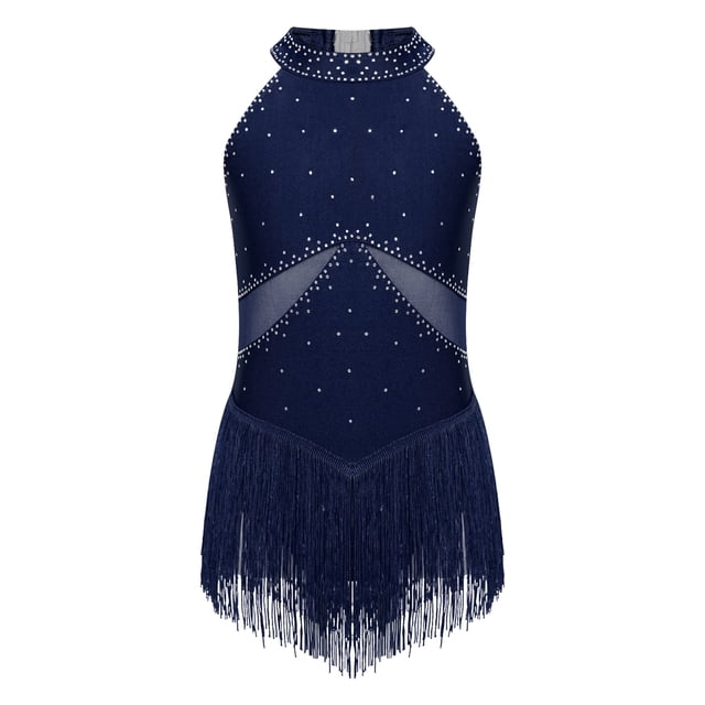 Yeahdor Robe de Danse Latine Sans Manches à Paillettes pour Filles, Robe Justaucorps de Jazz, Rumba Samba Salsa Cha Cha, Tenue de Danse de Salon Bleu Marine 16
