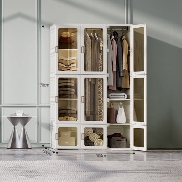 AntBox Garde-Robe 15 Compartiments 11 Portes 2 Cintres, Organisateur de Rangement de Garde-Robe Portable pour Vêtements, Garde-Robe Pliante Tout-en-un en Plastique avec Porte Magnétique et Assemblage Facile