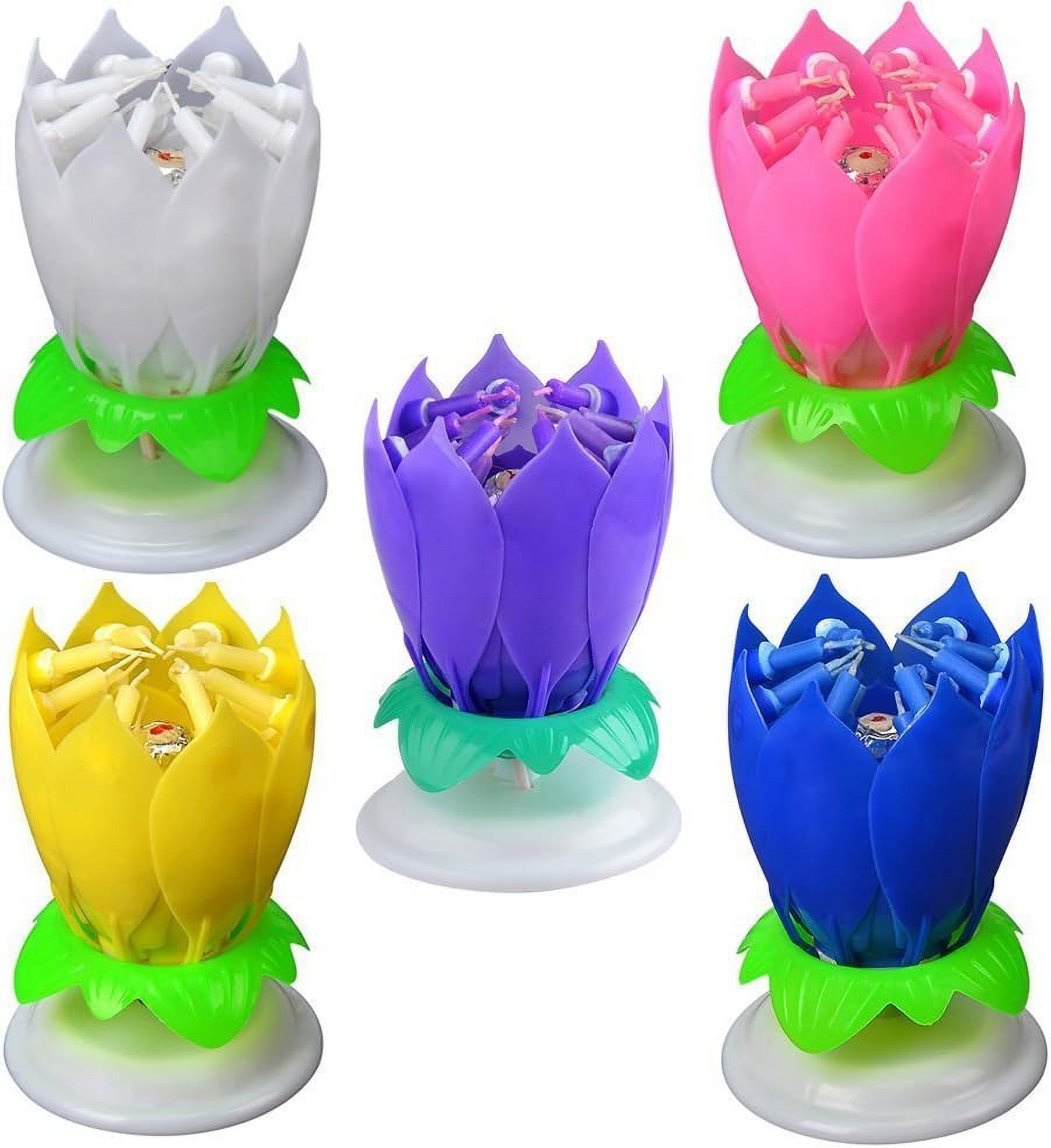 LAICAIW 5PCS Set Romantic Music Birthday Candle Two Layers with 14 Small Candles Musical Lotus Rotating Happy Birthday Flower Candle (White,Yellow,Purple,Pink,Blue)