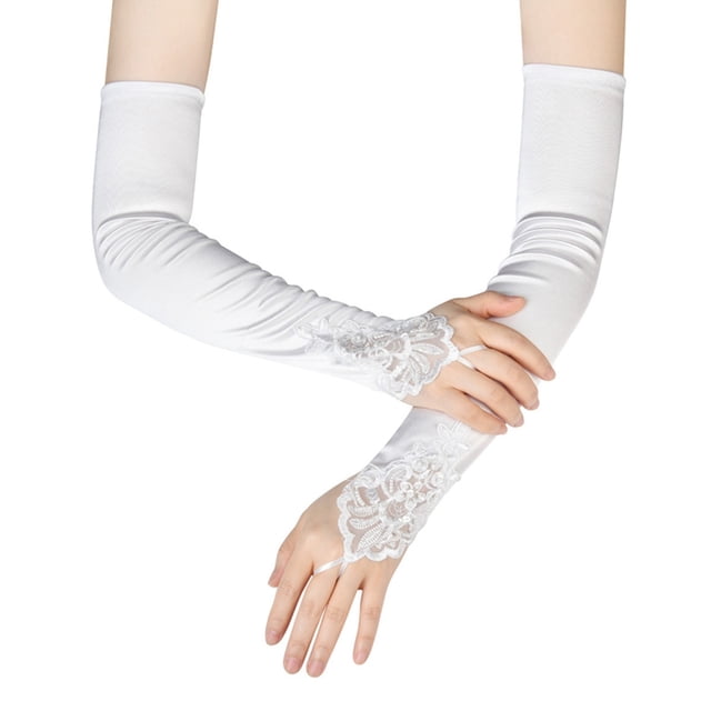 GDREDA Elegant Opera Length Fingerless Evening Gloves with Stretchy Mesh and Rhinestone Embellishments for Bridal Wedding Party Accessories White,One Size