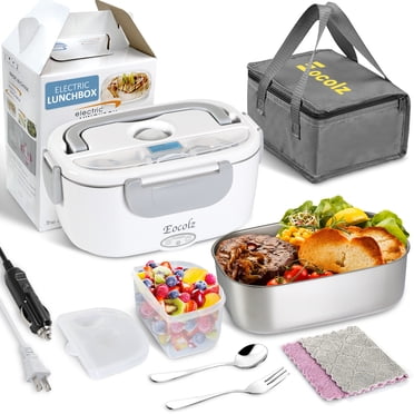 Boîte à Lunch Électrique 60 W Chauffe-Nourriture, Eocolz 2 en 1 Boîte à Lunch Portable pour Voiture Camion Maison Travail Étanche avec Contenant Amovible en Acier Inoxydable 304 de 1,5 L et Cuillère 2 Compartiments 110 V 12 V 24 V