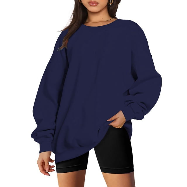lcziwo Chandail à Col Rond pour Femmes, Coupe Ample, Manches Longues, Chandail Décontracté Uni, Chandail Confortable Automne 2024, Y2k, Bleu Marine, TG