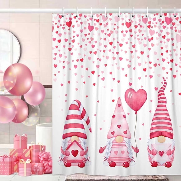 Rideau de Douche de la Saint-Valentin pour Salle de Bain, Cœur Rose Tombant avec Mignon Gnome, Ensemble de Rideau de Douche en Tissu pour Amoureux Romantiques pour les Fêtes, Rideau de Douche avec 12 Crochets (70 Pouces L X 70 Pouces H)