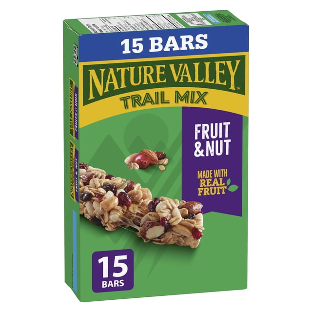 Nature Valley Trail Mix Fruit & Nut midsize box containing 15 chewy granola bars made with whole grains, almonds, peanuts, dried cranberries, and raisins, featuring real fruit on green and purple packaging, suitable for on-the-go snacking.