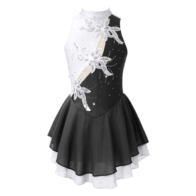 MSemis Enfants Filles Sans Manches Paillettes Floral Justaucorps de Ballet Tutu Jupe Patinage Artistique sur Glace et à Roulettes Robe de Compétition Costume Noir 10