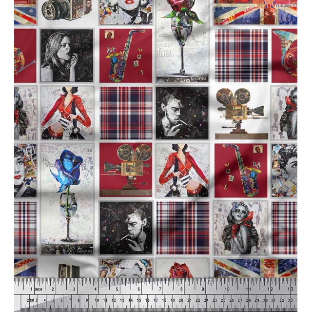 Soimoi Poly Georgette Fabric Check,Women & Camera Patchwork Printed Fabric 1 Yard 52 Inch Wide