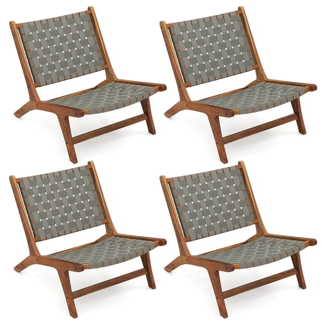 Coatway 4 PCS Patio Teak Wood Chair with Nylon Webbing Seat & Back for Backyard, Porch
