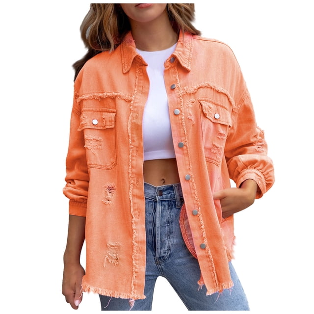 CEHVOM Veste en Denim à Manches Longues pour Femmes avec Franges et Trous Liquidation
