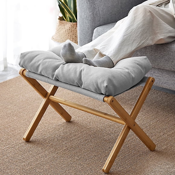 TEAFIRST Tabouret Repose-Pieds Pliant, Repose-Pieds, Petit Pouf d'Appoint Portable en Bambou, avec Rembourrage Gris
