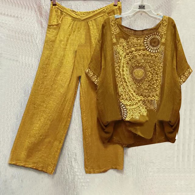 Ensembles d'Été Deux Pièces pour Femmes Imprimé Col Ras du Cou Manches Courtes Chandail à Enfiler Hauts + Pantalons Ensemble Pantalons Ensembles Femmes Tenues 2 Pcs en Liquidation