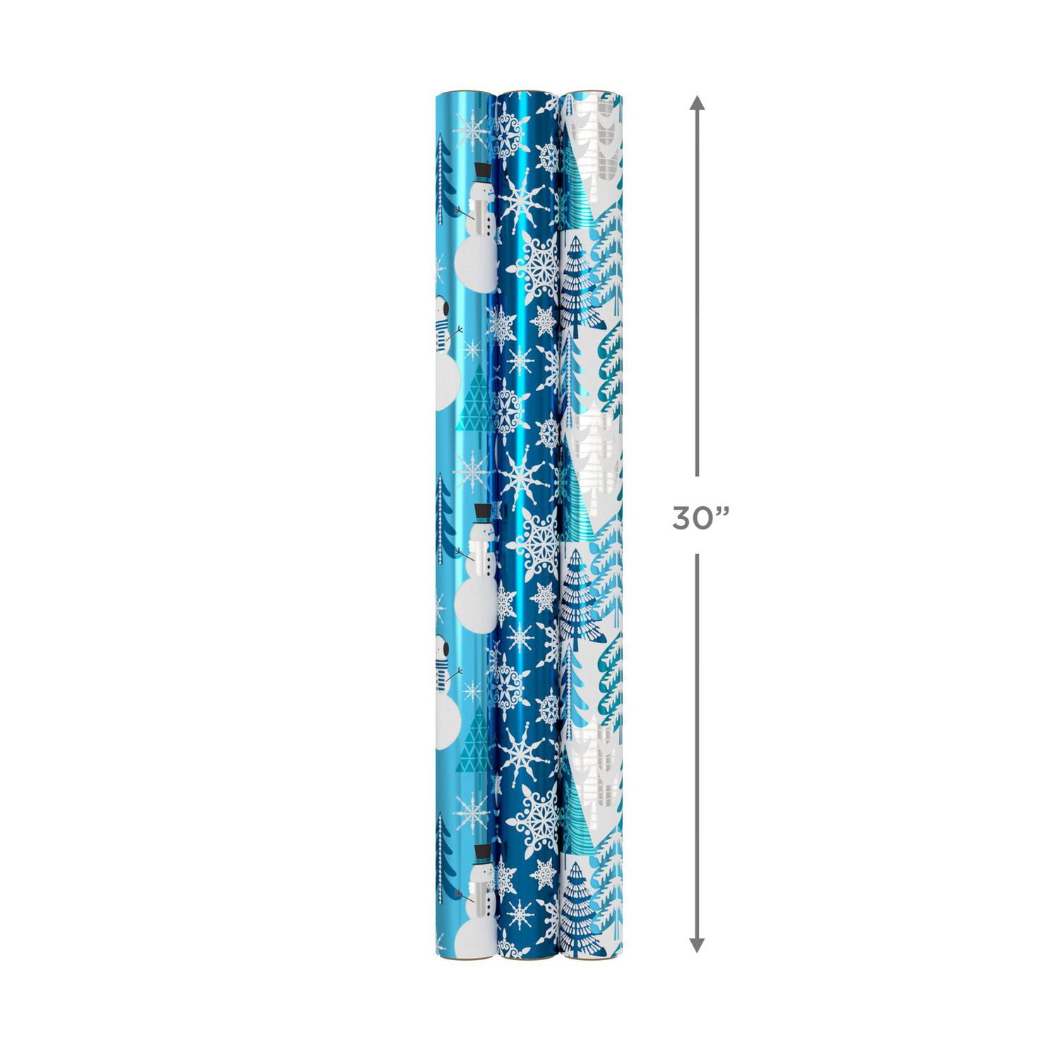 Papier d'emballage Hallmark de Noël, bleu métallisé, avec lignes de découpage au verso (3 rouleaux : 60 pieds carrés au total), bonshommes de neige, flocons de neige, sapins de Noël