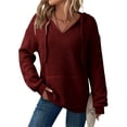 thumbnail image 1 of Xdegoge Womens Hoodies Sweatshirts Oversized Sweatshirts Ribbed Knit Long Sleeve Drawstring V Neck Casual Pullover Sweatshirt Hooded Tops Plus Size Fall Winter Clothes with Pockets Wine S, 1 of 9