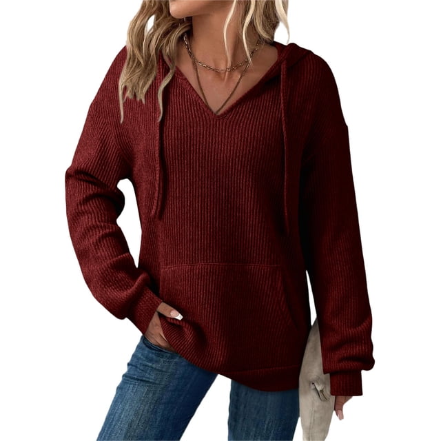 Xdegoge Womens Hoodies Sweatshirts Oversized Sweatshirts Ribbed Knit Long Sleeve Drawstring V Neck Casual Pullover Sweatshirt Hooded Tops Plus Size Fall Winter Clothes with Pockets Wine S