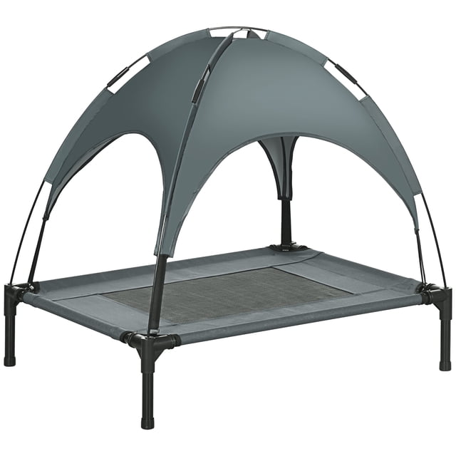 PawHut Elevated Cooling Pet Bed with Canopy for Medium-Sized Dogs in grey. This raised dog bed features a breathable mesh fabric for ventilation, a lightweight powder-coated steel frame, and a canopy for sun protection. Suitable for medium dogs up to 44 lbs. Includes a travel bag for portability.