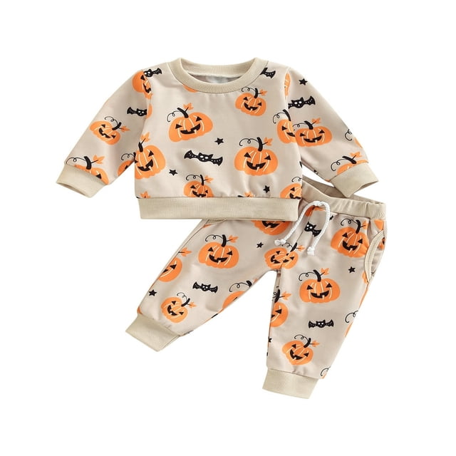 Ensemble d'Halloween 2 Pcs pour Bébé, Chandail à Manches Longues à Imprimé Citrouille + Pantalon