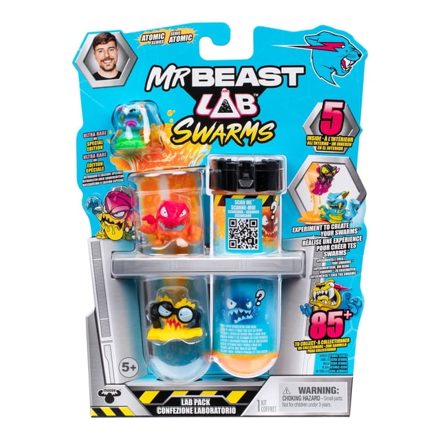MrBeast Lab Essaims Atomic Series Lot de 5 Contenant Cinq Jouets de Micro-Bêtes de 1 Po dans des tubes à Essai Transparents aux designs Vibrants, Affichés sur une Carte Bleue avec la Marque MrBeast Lab, un code QR et du Texte Mettant en Valeur Plus de 85 Figurines de Collection, Incluant des options d'Édition Limitée dans Cet Ensemble-Cadeau Farce et Attrape.