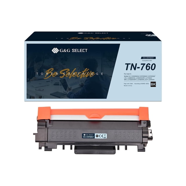 G&G Select Brother TN-760 High Yield Remanufactured Black Toner Cartridge with its packaging box, featuring a black toner cartridge with an orange protective cover and label GC-CB760CF, designed for up to 3000 pages of monochrome printing compatible with select Brother laser printers, suitable for reliable, cost-efficient printing.