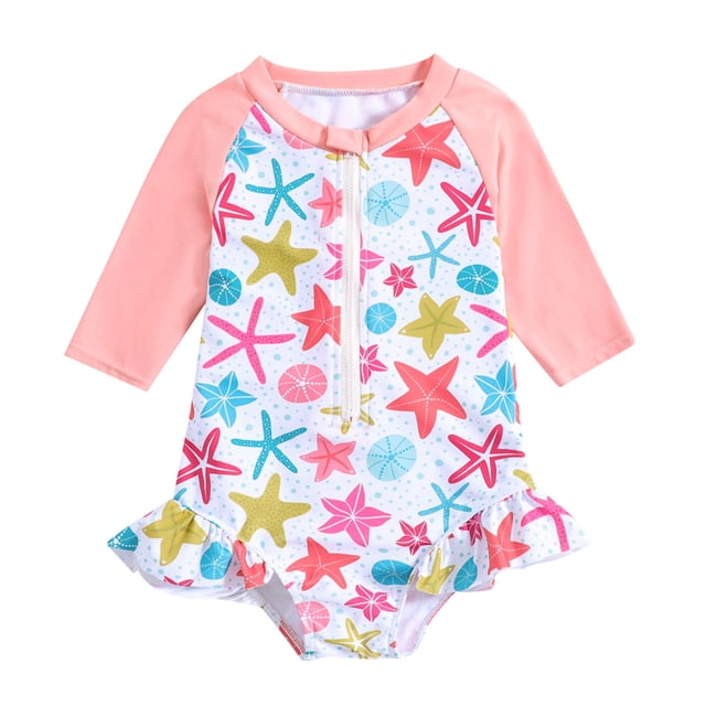 Toddler Girls Rash Guard Swimsuit Flower Graphic Printed Sun Protection Long Sleeve Girls Bathing Suits for Girls 18-24 Months