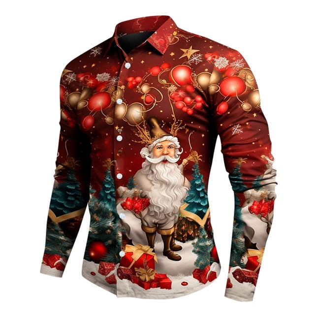 Kcodviy Chemise à Manches Longues pour Homme de Noël Père Noël Numérique Imprimée 3D à Boutons Col à Revers Chemises pour Homme à Manches Longues Chemise Décontractée à Manches Longues Haut