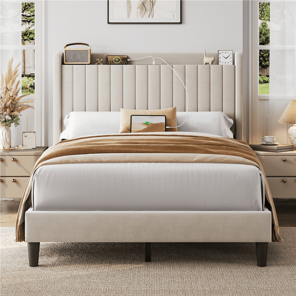 FullFurnique Cadre de Lit Capitonné en Velours avec Prises de Courant et Ports USB, Double, Beige