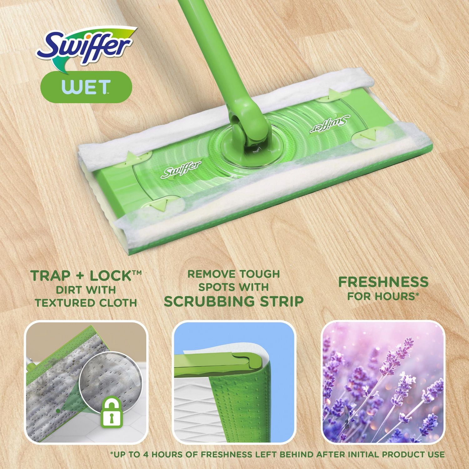Swiffer Balayer + Passer la Vadrouille, Recharges de Linges Humides, Nettoyant pour Planchers, Chiffons de Nettoyage, Lavande, 12 Unités