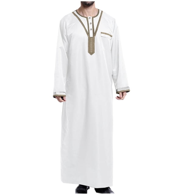 Men's Muslim Robe Retro Islamic Arab Kaftans for Men Eid Muslim Thobe Dubai Ramadan Daily Clothes, Muslim Shirt Robe with Pockets