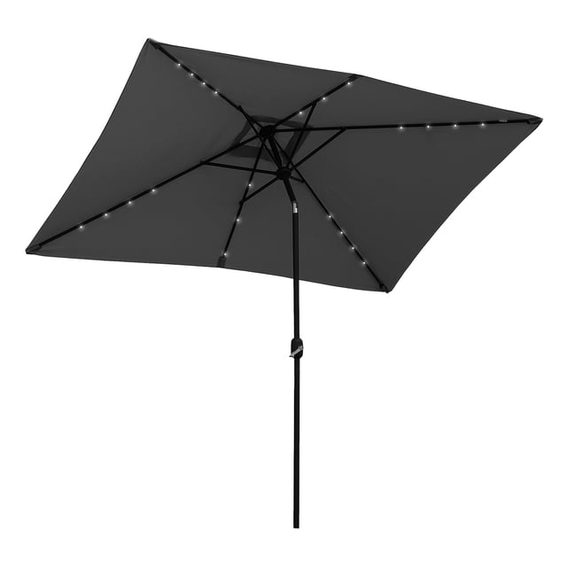 Outsunny Solar Patio Umbrella with LED and Tilt, a rectangular dark grey canopy made of 180 gsm polyester fabric supported by six ribs. This solar-powered patio umbrella features 22 LED lights for evening illumination, an adjustable tilt mechanism for UV protection, and a crank handle for easy operation. The steel frame and vented canopy ensure durability and wind stability. Dimensions are 9.7' L x 6.2' W x 8.4' H, with a pole diameter of 1.5 inches.
