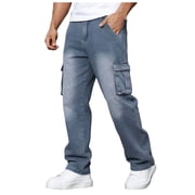 Ketyyh-chn99 Y2K Vintage Baggy Jeans Fashion Men's Jeans Solid Color Multipocket Tooling Jeans Loose Straight Casual Pants Size for S,Blue