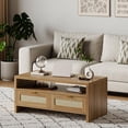 thumbnail image 1 of BeesClover 40” Boho Coffee Table with Storage,Modern Rattan Console Table with Drawers and Open Shelf, 2 Tiers Wooden Center Coffee Table for Living Room/Apartment/Farmhouse/Bedroom/Small Place(Oak), 1 of 9