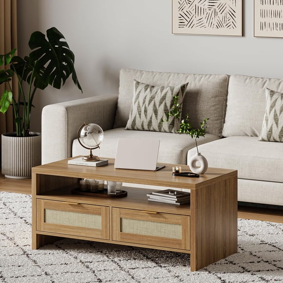 BeesClover 40” Boho Coffee Table with Storage,Modern Rattan Console Table with Drawers and Open Shelf, 2 Tiers Wooden Center Coffee Table for Living Room/Apartment/Farmhouse/Bedroom/Small Place(Oak)