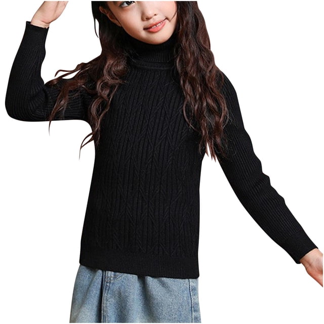 MeetoTime Kids High Neck Knitted Sweater Solid Color Fall Winter Long Sleeved Base Shirt for Girls