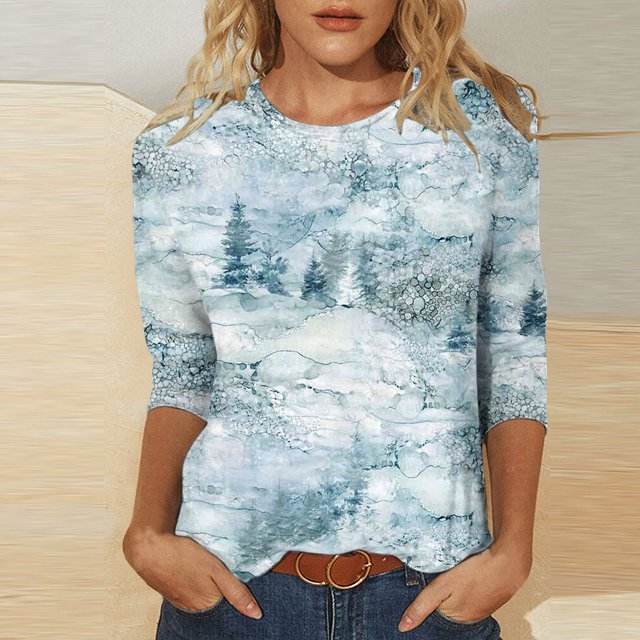 T-shirt Imprimé à la Mode pour Femmes Summer T-shirt Imprimé à Manches 3/4 Blouse Col Rond Tops Décontractés pour Femmes et Tops de Taille sur Clearance