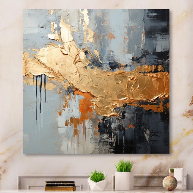 Designart "Modern Liquid Shapes in Gold and Grey IV" Abstract Modern Shapes Metal Wall Art, Gold Metal Wall Decor, Modern Metal Art Decor For Living Room - 29x29 Inch