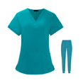 thumbnail image 1 of Milaget Uniform Scrub Set Top and Pants Soft Multi Pocket Unisex V Neckline Stretch Work Blue S, 1 of 9