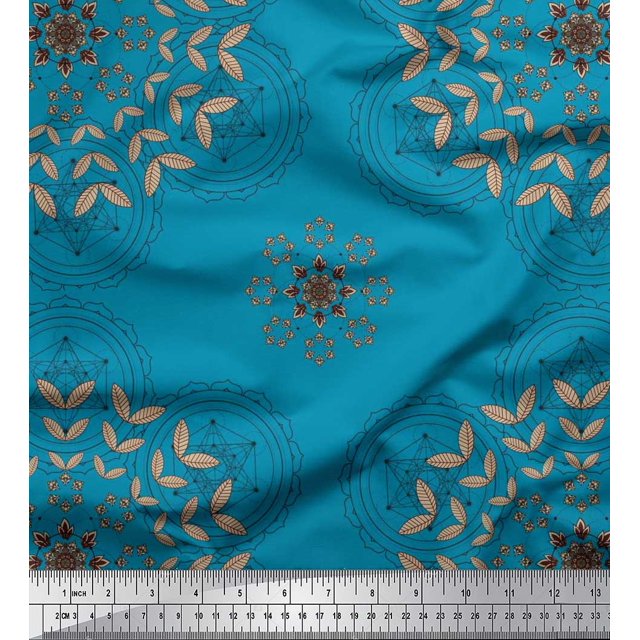 Soimoi Poly Georgette Fabric Leaves & Sacred Geometry Geometric Print Sewing Fabric Yard 52 Inch Wide