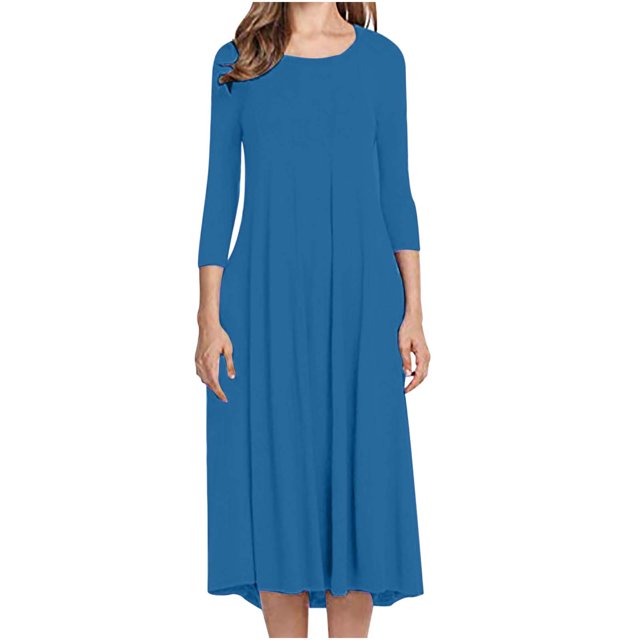 Pntutb Robe pour Femme Grande Taille en Bleu Uni, avec un Col en V Boutonné et un design Décontracté en Ligne a. Fabriquée en Tissu polyester Léger, Cette Robe Confortable Est Idéale pour le Printemps et Polyvalente pour des occasions comme des Sorties Décontractées, des Fêtes Ou des Vacances. Longueur Régulière avec Manches 3/4, Convient pour Agencer avec des Vestes Ou des Ballerines.