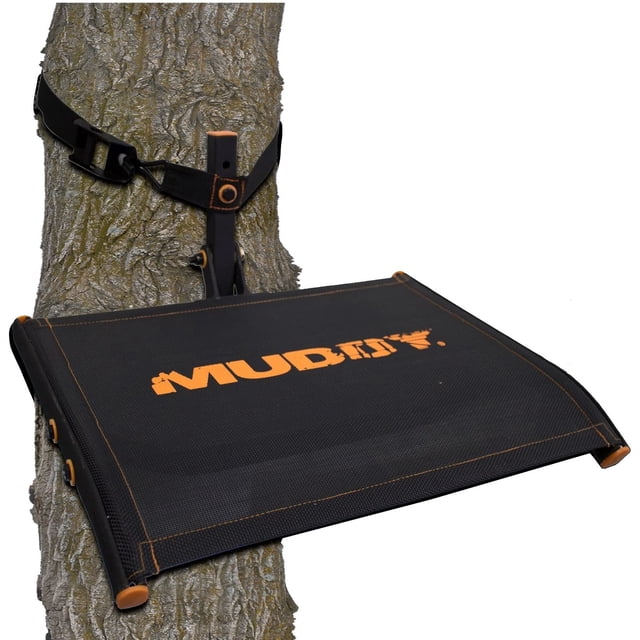 Muddy MUD-MTS500 Ultra Tree Seat Hang-On Climbing Treestand with ratchet straps attached to a tree. Features a black Flex-tek seat with orange accents, measuring 18 inches wide and 13 inches deep. Designed for bowhunters, rated to support up to 300 pounds. Ideal for use as a hunting tree stand for elevated vantage points.