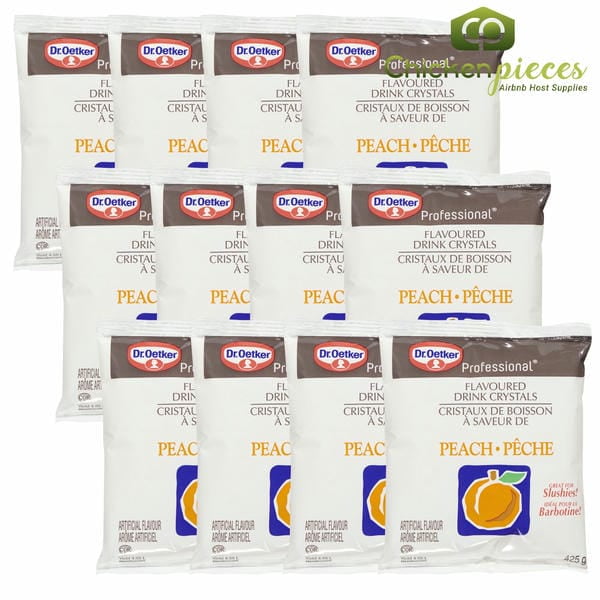 Dr Oetker Drink Mix Peach Crystal 425gr/15oz peach drink mix packet, front-facing retail sachet with Dr. Oetker logo and net weight, showing golden peach-flavored crystals; dissolves in hot or cold water for iced teas or mocktails and often used to add peach flavor to yogurt or dessert syrups.
