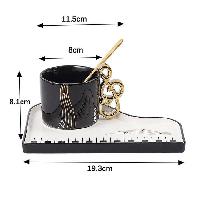Ceramic Coffee Mug Set with Piano Key Design 6.5 oz Cup Saucer and Spoon Gift Set