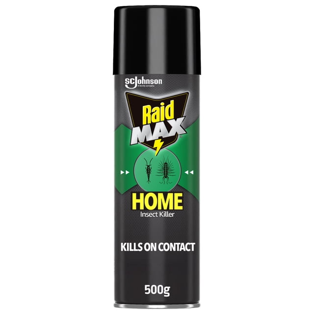 Raid Max Home Insect Killer 500g spray can with black cap and green and black label, kills household insects like ants, centipedes, and spiders on contact, suitable for indoor and outdoor pest control.