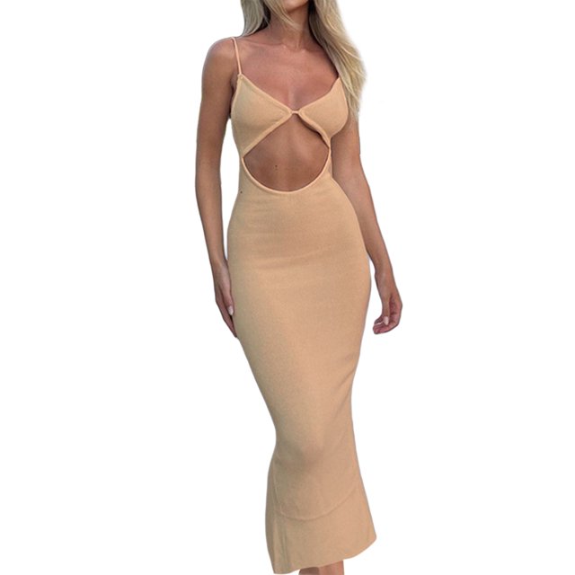 Gupgi Robe Moulante Sans Manches pour Femmes Couleur Unie Col en V Découpe Dos Nu Fendu Robe Portefeuille