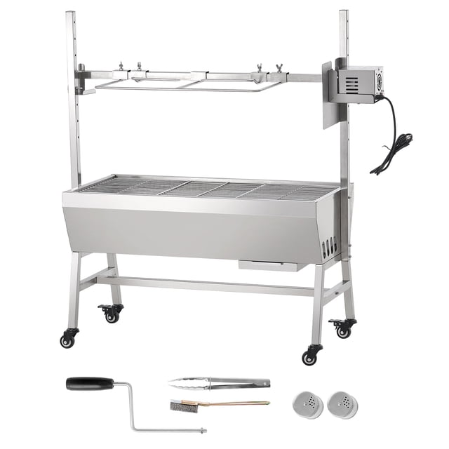 KFFKFF Rôtissoire Broche Rotisserie Barbecue Grill Cochon Agneau Poulet Rôtissoire avec Corps en Acier Inoxydable, Système de Hauteur Réglable et Moteur de 42 W pour rotation Automatique. Comprend un Filet de Gril, des Roues Détachables et des Accessoires comme des Pinces, une Brosse et des Bouteilles d'Assaisonnement. Conçu pour Rôtir jusqu'à 135 Lb de Viande, Idéal pour les BBQ Extérieurs, la Cuisson de Rotisserie et le Gril au Charbon.