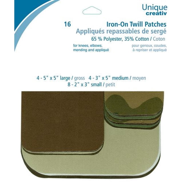 Unique Creativ Écussons Thermocollants - Paquet Assorti de Sergé avec 16 Écussons Thermocollants en Tailles Assorties : Quatre 5x5 Pouces Grands, Quatre 3x5 Pouces Moyens et Huit 2x3 Pouces Petits Écussons Bruns et Verts, Convenant pour Raccommoder les Genoux et les Coudes sur les Vêtements Sans Couture.
