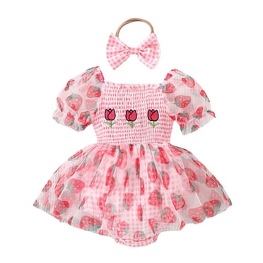 Girl Baby Clothes Puff Sleeve Strawberry Printed Bodysuit Baby Rompers Girl Dresses with Headband Two Pieces Set Newborn Outfits Baby Girl 0-3 Months Baby Girls Clothes