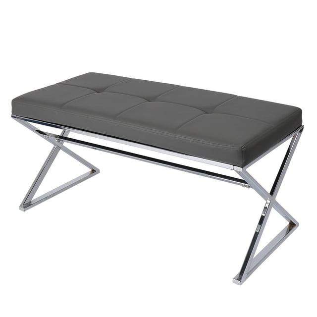 Canadian Banc Chris avec Siège Rembourré en Similicuir Gris, Doté de Panneaux de Coussins Cousus et de Pattes en X en chrome Poli, Conçu pour l'Entrée Ou le Couloir et Convenant comme Banc Moderne Polyvalent.