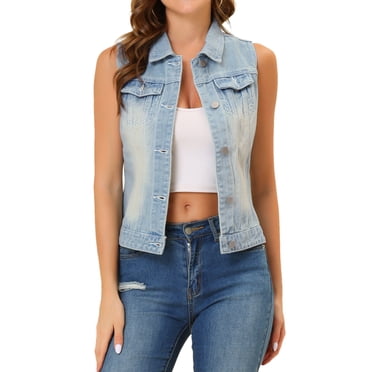 INSPIRE CHIC Gilet Veste Sans Manches en Denim Délavé à Boutons pour Femme avec Poches P Bleu Ciel